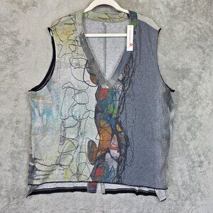 3 Potato Shirt Womens M/L Gray Abstract Art Sleeveless V Neck Asym Hem Top Boho